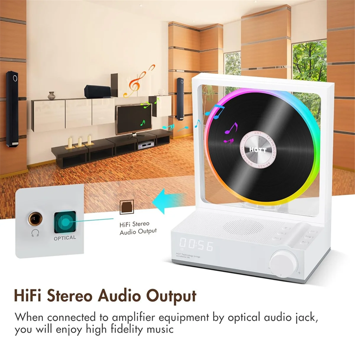 HOTT CD-плеер Портативный Bluetooth 5.3 Настольный с цветной подсветкой рецептом таймером