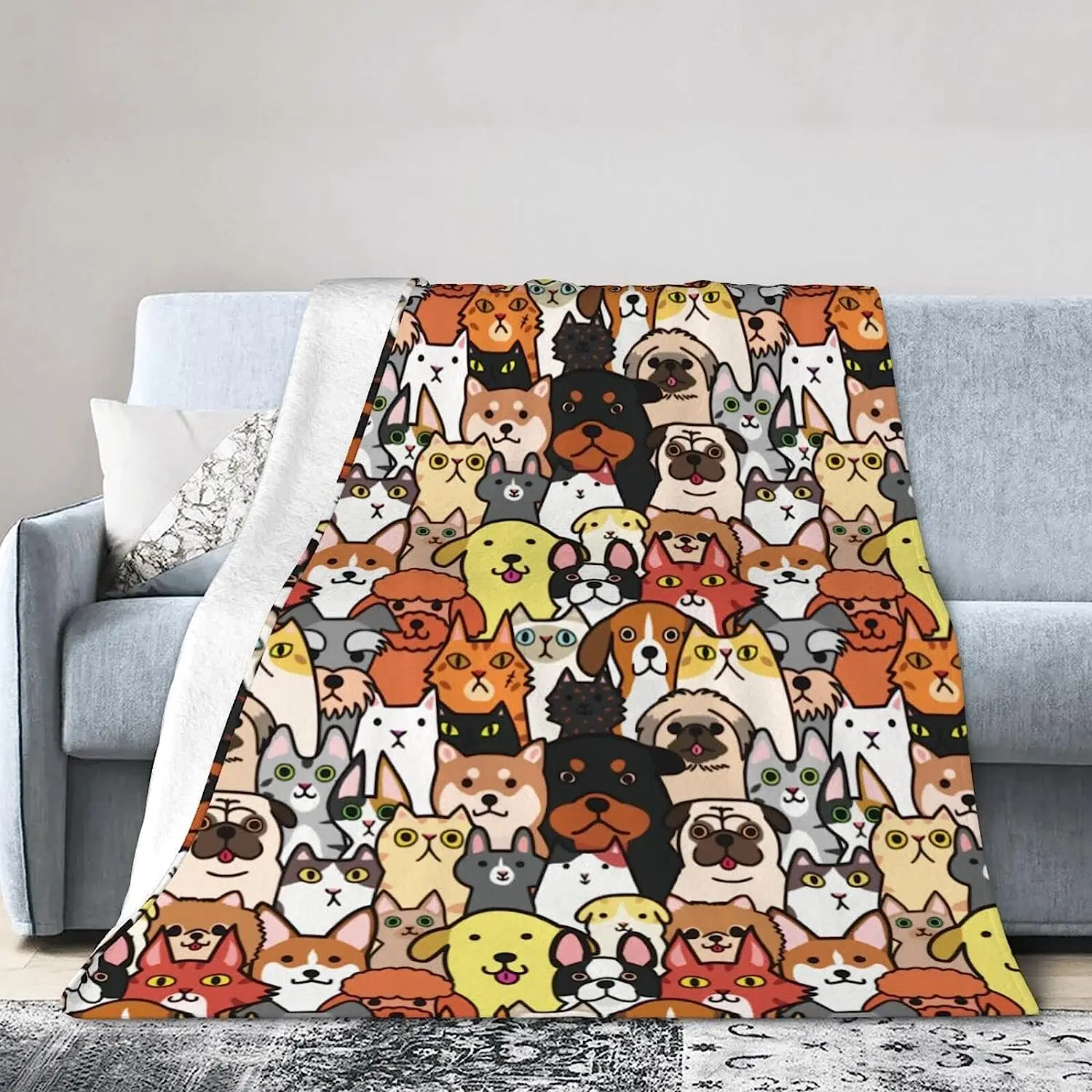 

Dogs and Cats Faces Flannel Fleece Bed Blanket Throw Blanket Lightweight Cozy Plush Blanket for Bedroom Living Rooms