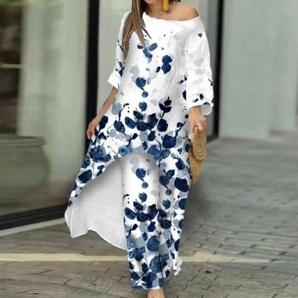 

Комплект из двух предметов с круглым вырезом, длинным рукавом и асимметричным подолом, Длинный топ и повседневные свободные брюки с широким...