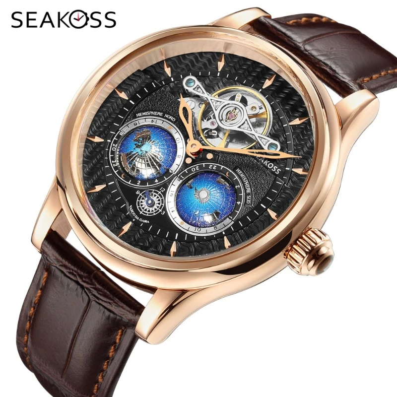 Мужские механические часы с турбийоном SEAKOSS полностью автоматические наручные 3D