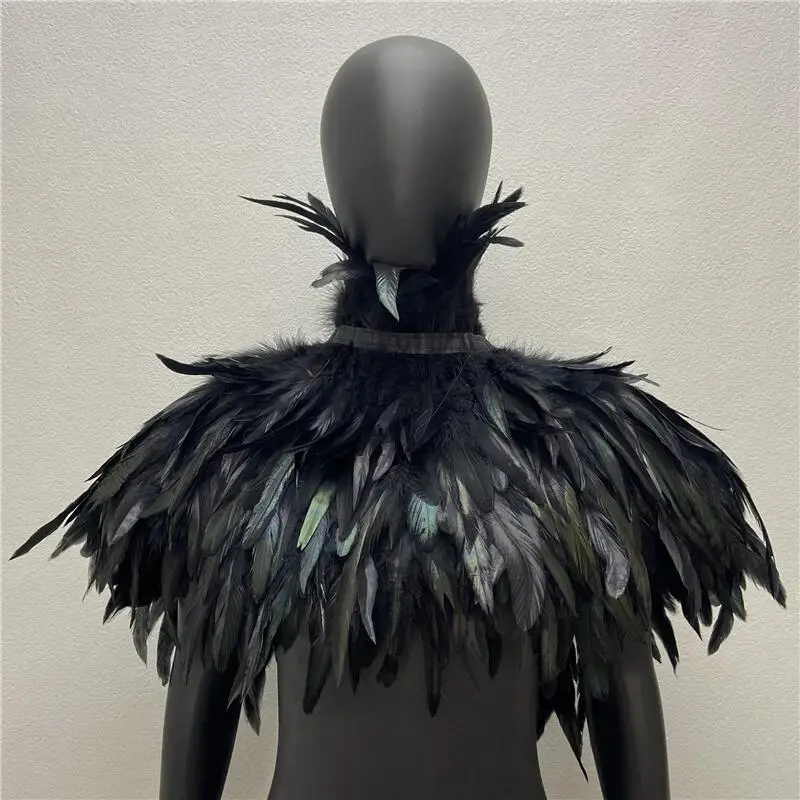 

Gothic Feather Shawl Real Rooster Feather Scarf Chicken Feather Fake Collar Halloween Makeup Ball Jewelry Wrap