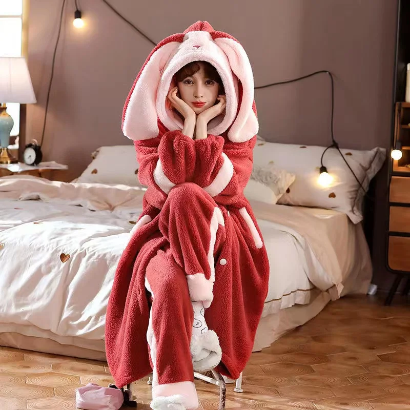 Flannel Pajamas Set 2PCS Warm Winter Women Robes Suits Sleepwear Thick Coral Fleece Hooded Plus Size Homewear Loose Pyjamas