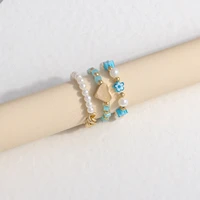 cute imitation pearl acrylic beads ring set for women minimalist mixed color beaded adjustable elastic chain ring charm jewelry