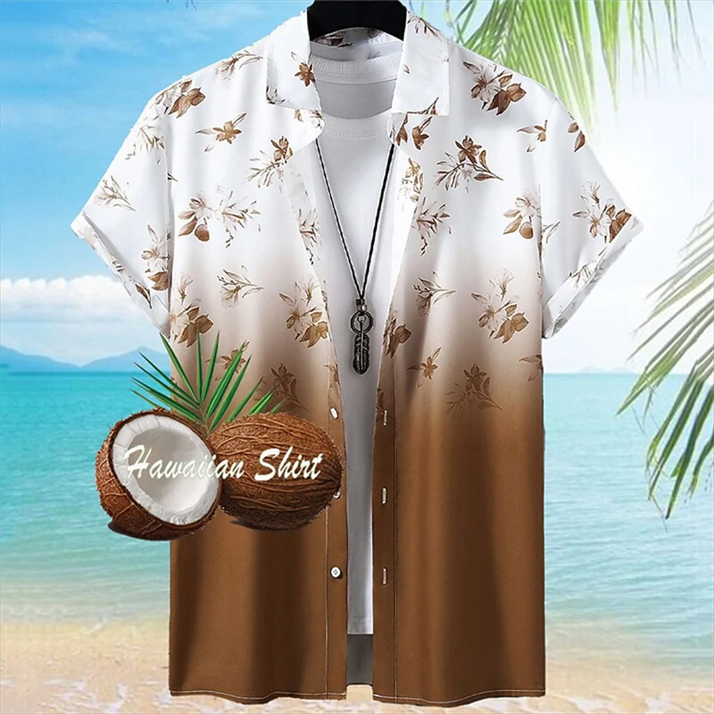 

Coconut Tree Men'S Shirt Summer Fashion Short Sleeve Street Daily Simple Hawaiian Shirt Man Casual Stripe Button Shirt For Men