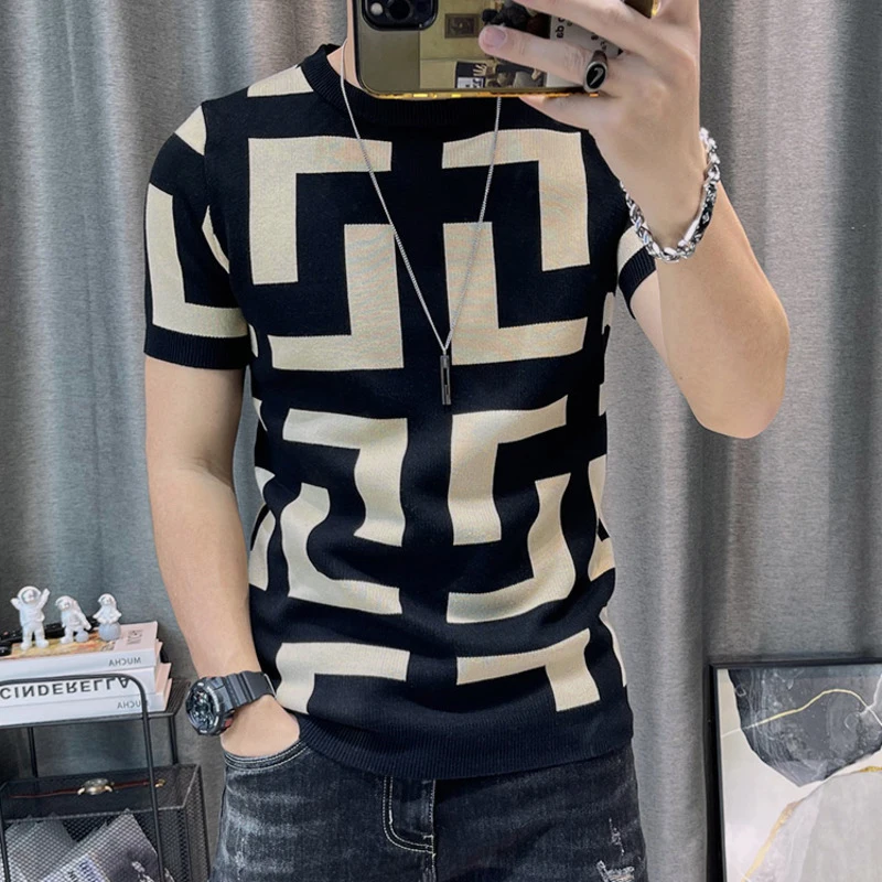 

Men Top 3 Color Short Sleeve Knitting T-Shirt Mens Slim Streetwear Harajuku T Shirt Men Tee Shirt Homme Social Club Outfits