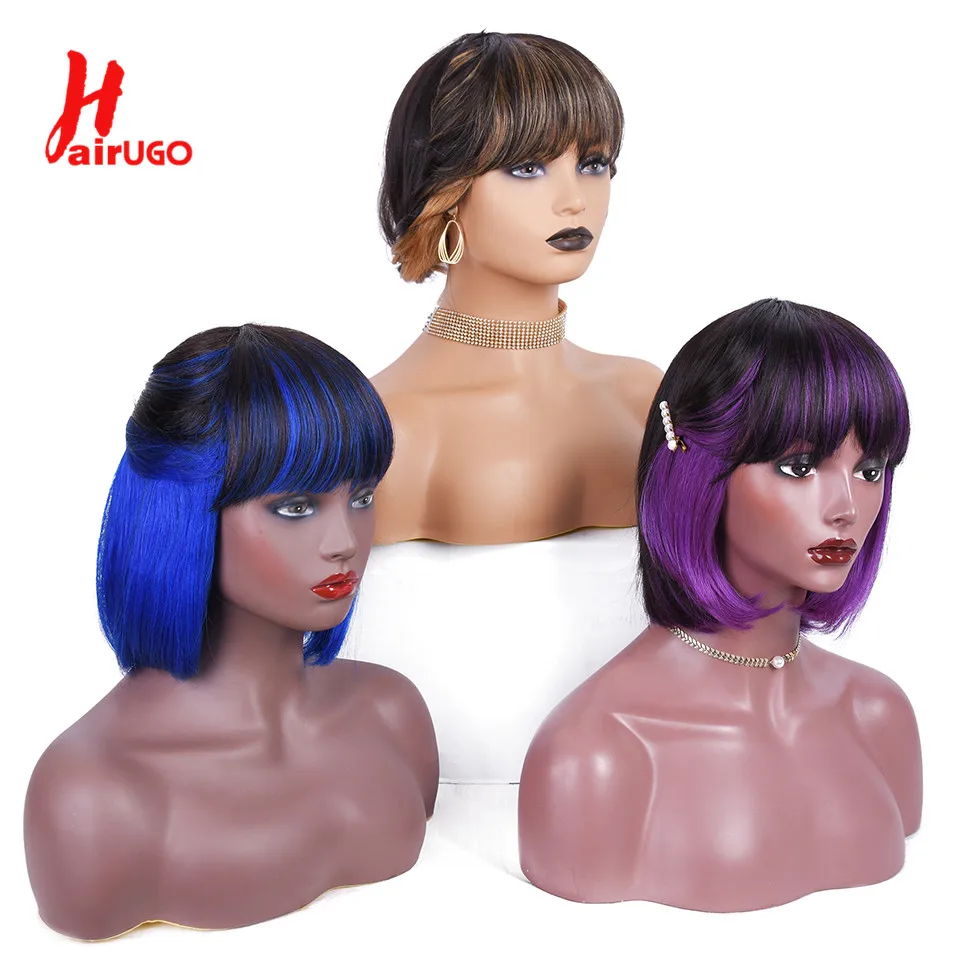 Фиолетовый Ombre Bob Прямые парики Короткие из натуральных волос BOB с челкой