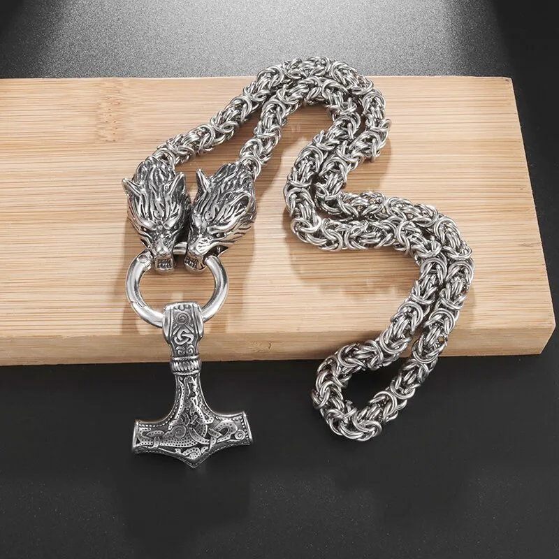 

Nordic Viking Wolf Head Thor's Hammer Pendant Necklace Stainless Steel with King Chain Men's Amulet Nordic Jewelry