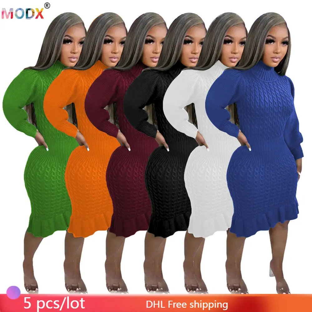 

5 PCS Wholesale Knitted Dresses Women Sexy Turtleneck Ruffle Lady Robe Elastic Bodycon Gown Long Sleeve Package Hip Vestido 8743