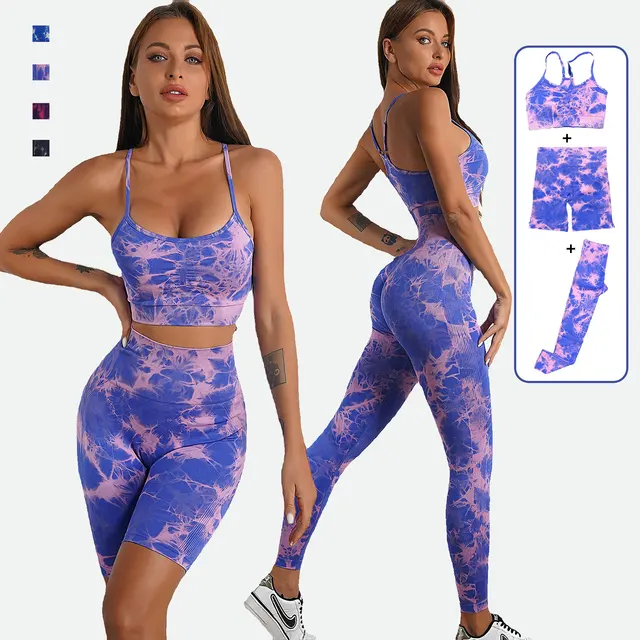 Sexy Tie Dye Print Yoga Set Women Seamless Yoga Set Shockproof Bra High Waist Shorts Fitness Leggings Seamless Gym Clothings 1