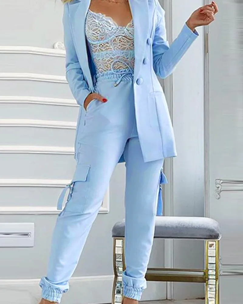 

Button Elegant Design Pants Suit Woman Suit Jacket Suits & Pocket Pants Suit Blue Casual 2 Pieces Sets Autumn 2022 Fashion New