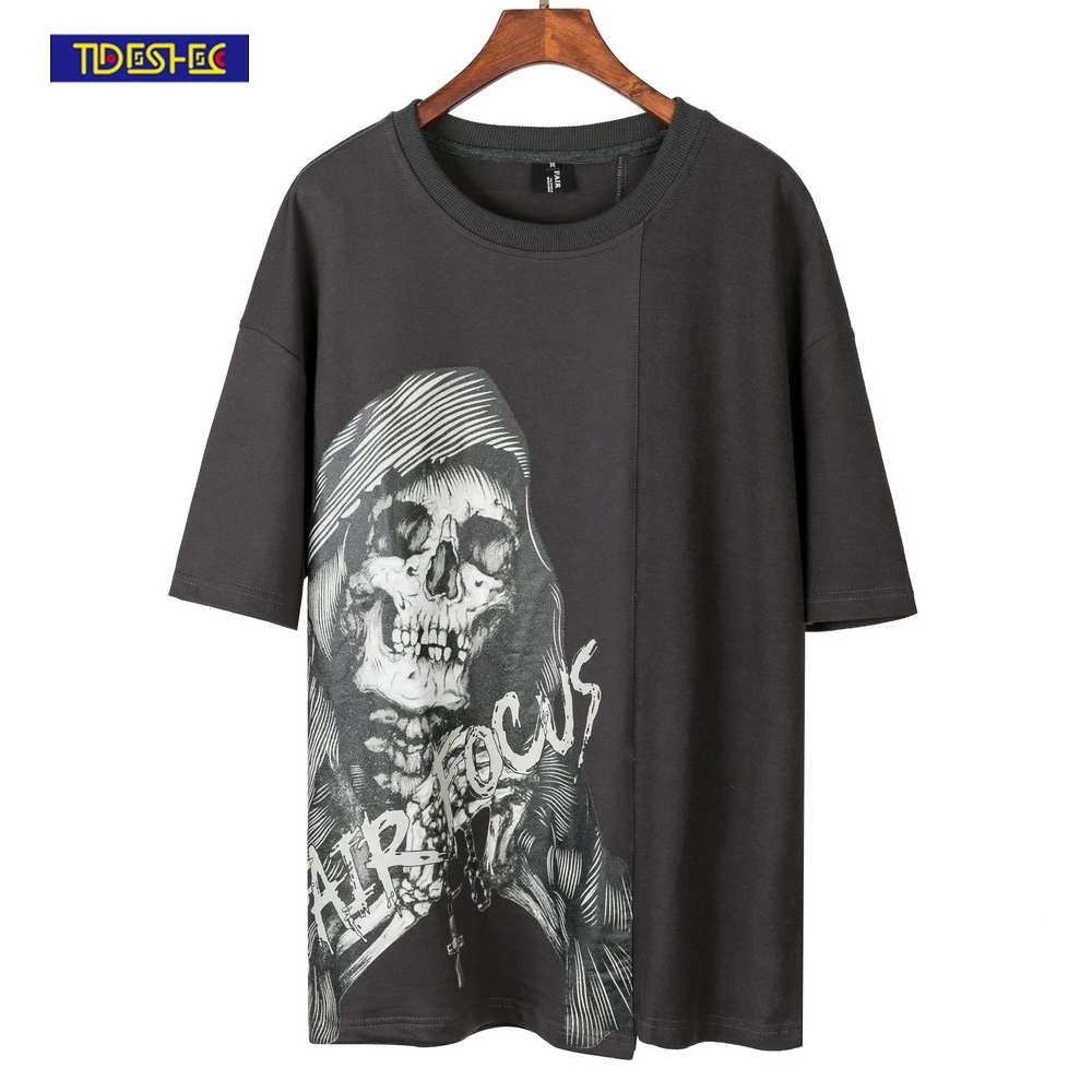 

TIDESHEC Punk Rock T-Shirt Men's 2022 Summer Harajuku Patchwork Skull Print T Shirt 100% Cotton Oversized Loose Casual Tops Tees