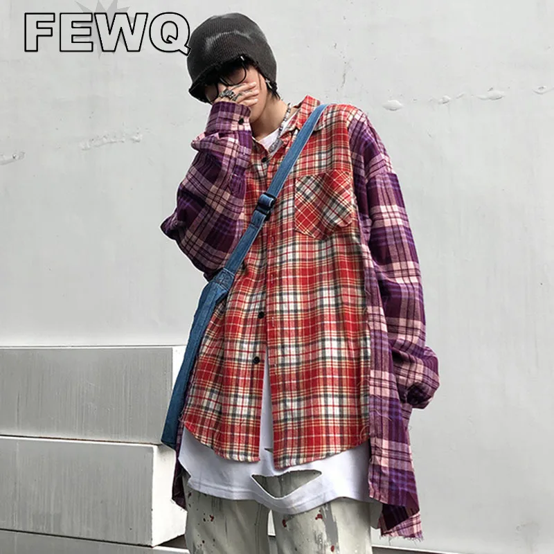 

FEWQ Irregularity Spliced Men's Shirts Long Sleev Plaid Stitching Color Male Casual Coat High Street 2023 Retro New Tops 24B2473