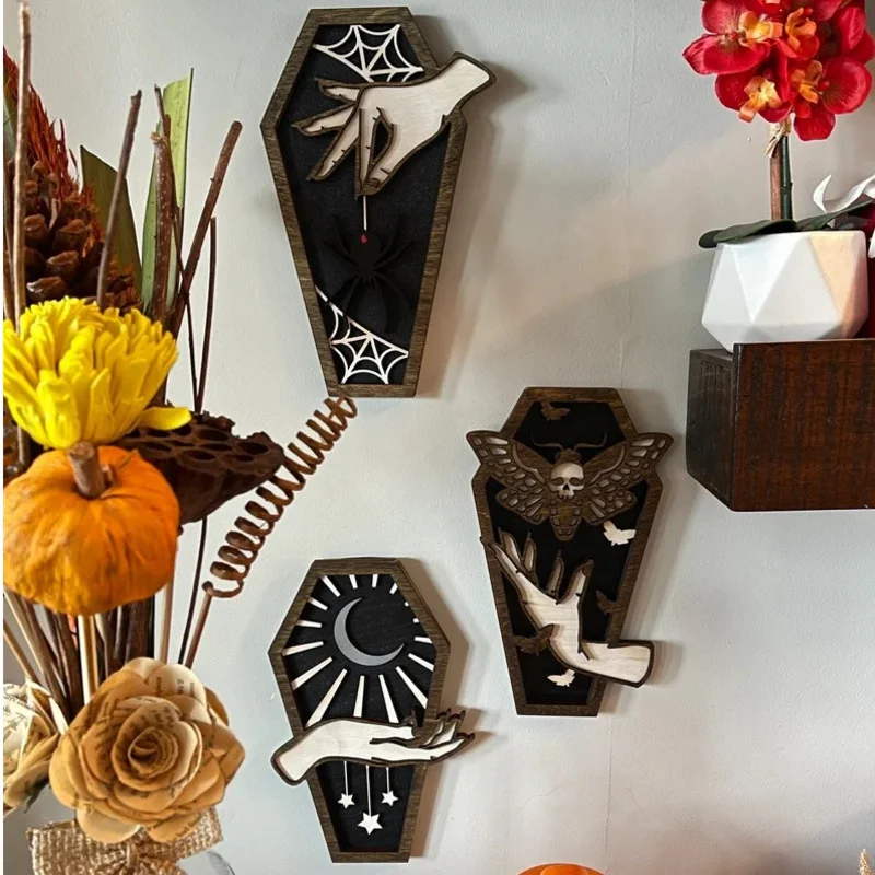 Decoración de ataúd de madera de mano de bruja de 3 piezas, colgante de pared de araña de polilla de Killstar, adornos de escritorio, decoración de pared para sala de estar y hogar