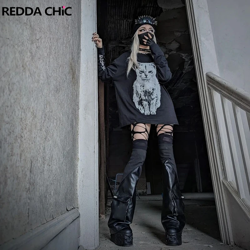 Женские вязаные кожаные гетры ReddaChic в стиле пэчворк ботинки с карманами откидной