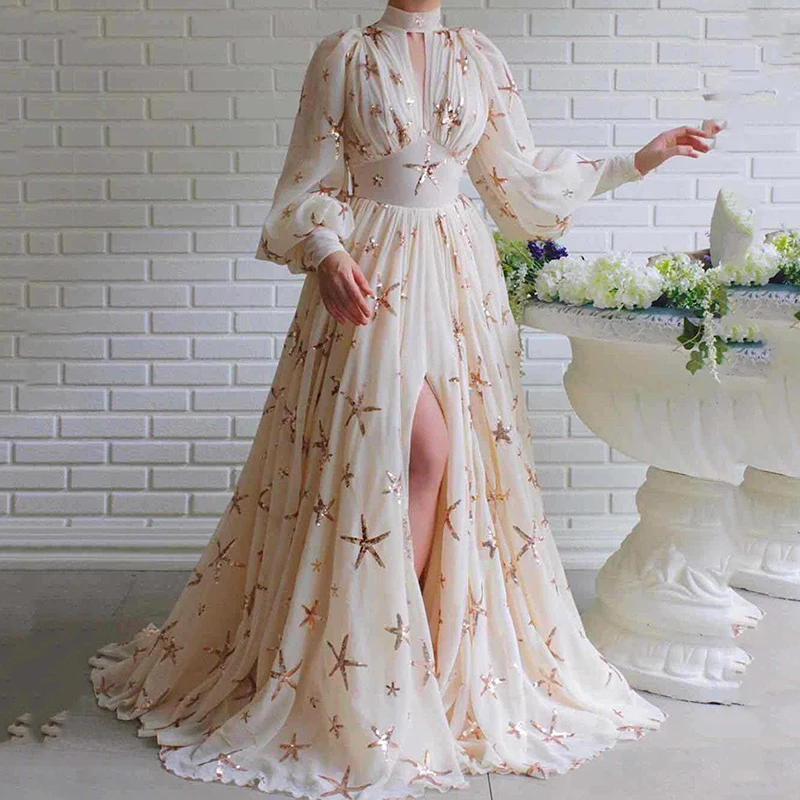 

Женское шифоновое платье с полувысоким воротником и разрезом, сексуальное платье с глубоким V-образным вырезом и блестками, элегантное платье с рукавами-фонариками, высокой талией и большим подолом