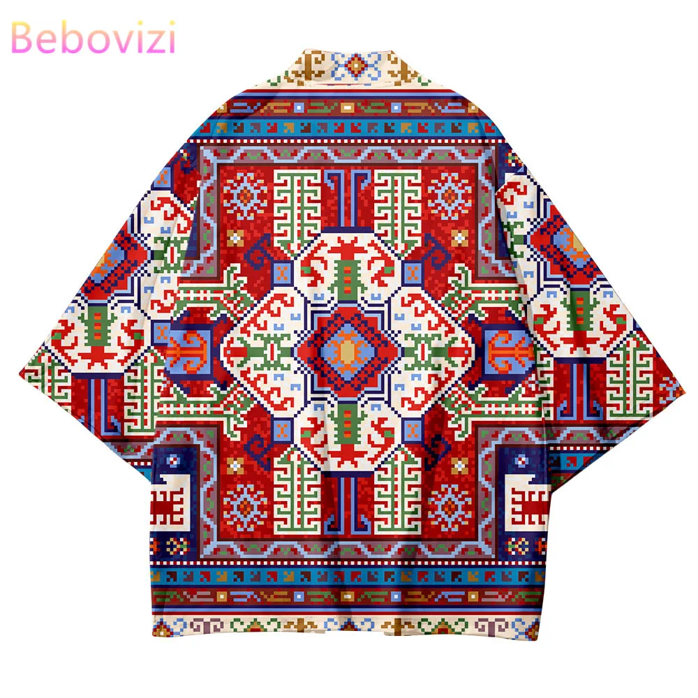 

Newest national style Retro Geometry Japanese Kimono Streetwear Cardigan Robe girls Boy Haori Top Yukata