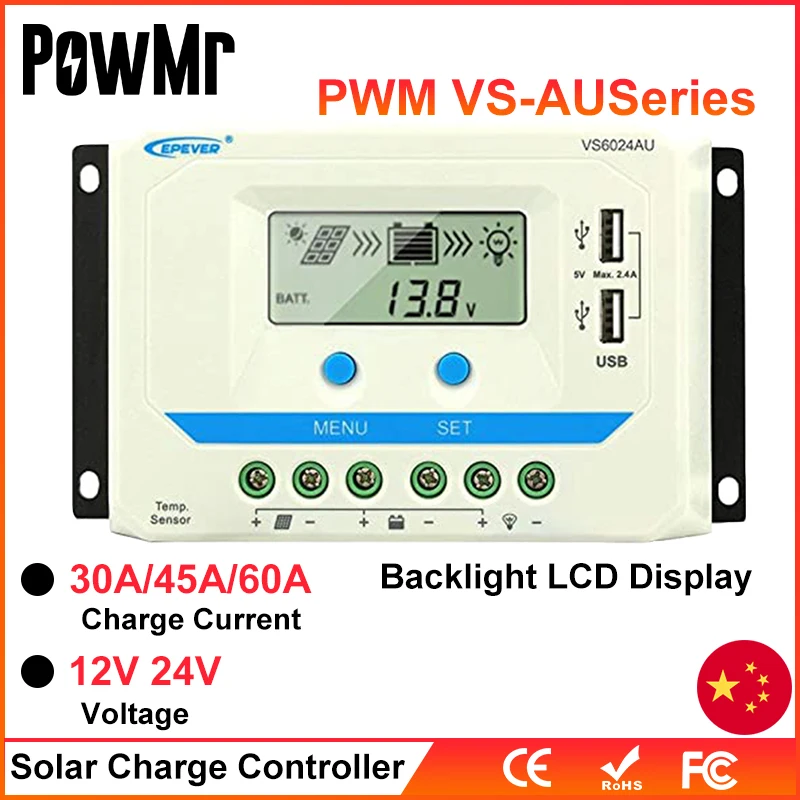 Контроллер заряда солнечной батареи EPEVER 60A 45A 30A, 10000 в/24 В, автоматический регулятор заряда солнечной батареи с таймером нагрузки, ЖК-дисплей, двойной USB 5 В