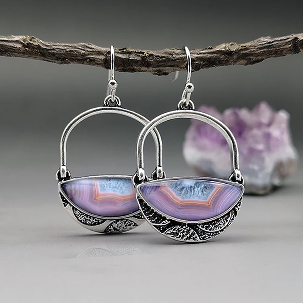 

Bohemia Vintage Semicircle Stone Earrings Unique Purple Agate Design For Women Elegant Sliver Color Wedding Banquet Jewelry