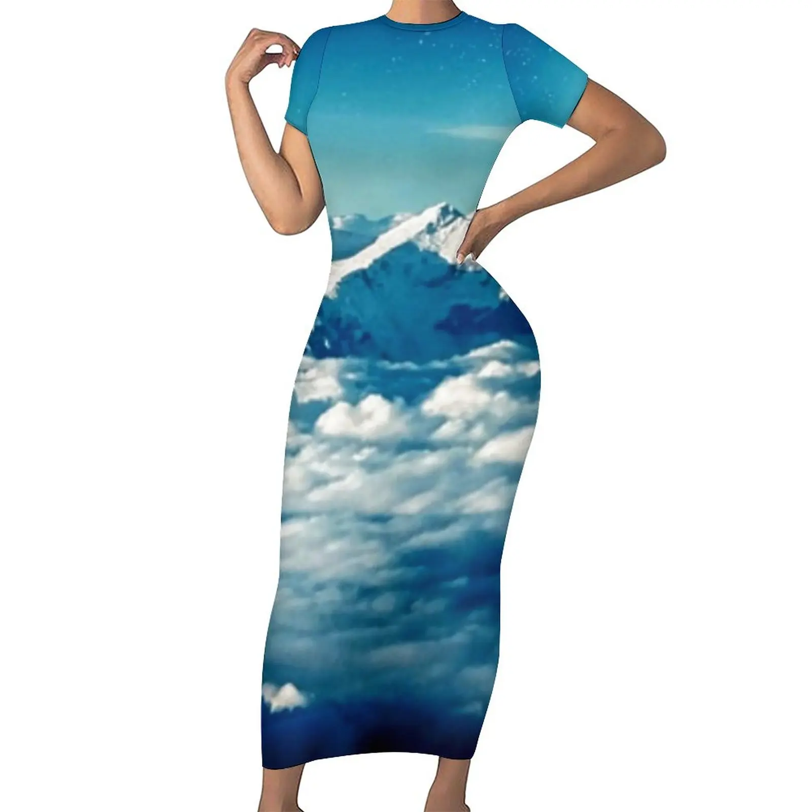 

Himalayas Mountain Dress Short Sleeve Blue Sky Print Sexy Maxi Dresses Summer Street Wear Graphic Bodycon Dress 3XL 4XL 5XL