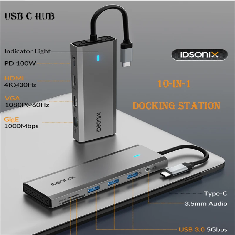 

iDsonix USB C HUB USB To Type-C Adapter 10-in-1 Docking Station To 4K 60Hz PD100W RJ45 SD/TF Splitter For Macbook Air Pro iPad