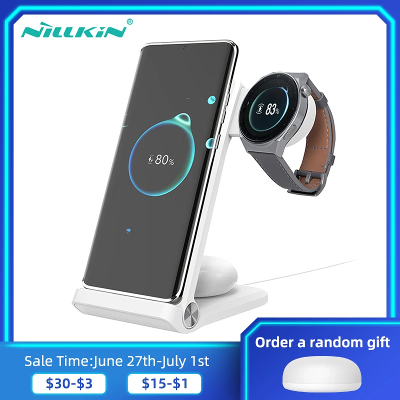 NILLKIN-Soporte de cargador inalámbrico 3 en 1, cargador rápido para iphone 13pro max xiaomi 12, Samsung/Huawei/Garmin Watch, Airpods Pro