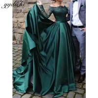 muslim long sleeves green evening dresses 2022 off the shoulder satin formal dress for women party gown vestidos de novia