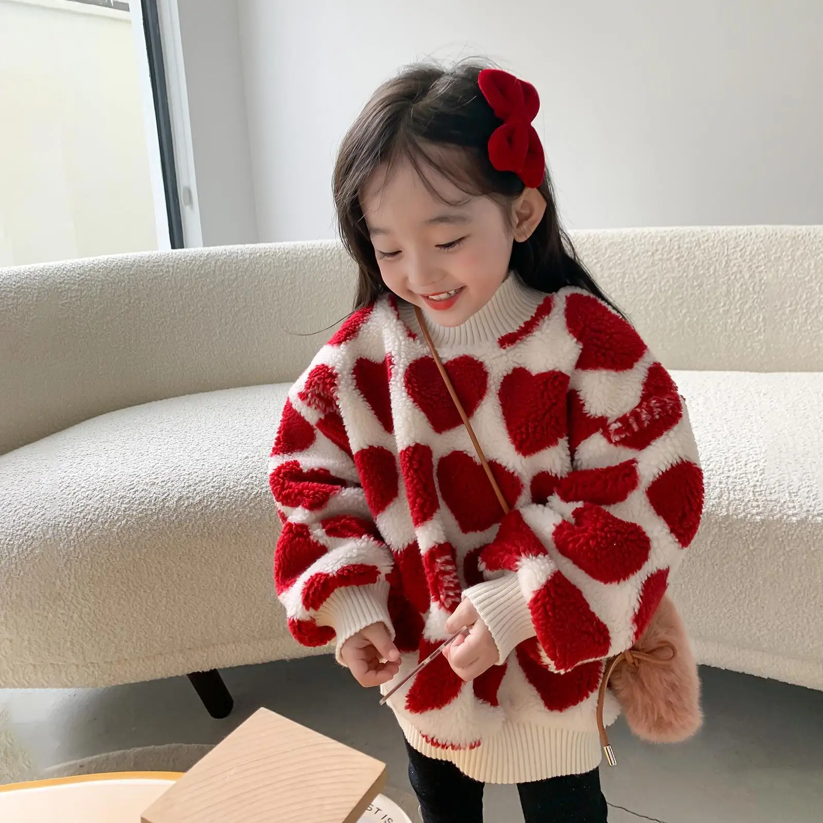 

Sweater O-neck Collar Full Sleeve Regular Length Pullover Heart Shaped Pullover Warm Thick Fashion Modern Winter Children Girls