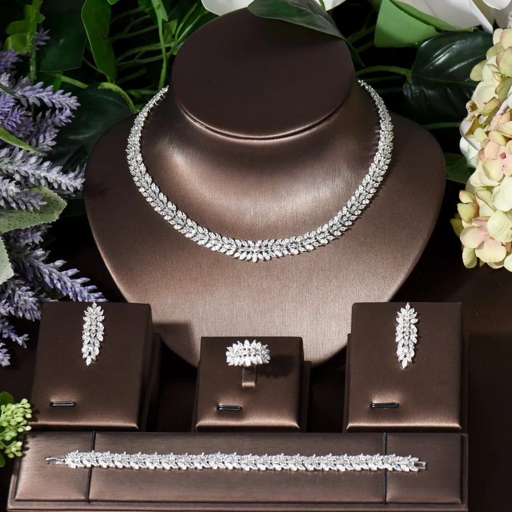 Fashion Hot Statement Jewelry Sets for Women Wedding Accessories Cubic Zircon Leaf Deisgn African Dubai Bridal Jewelry N-208
