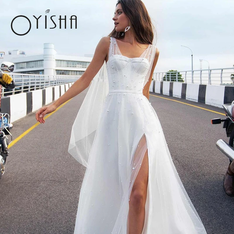 

OYISHA Romantic Sweetheart Pearls Wedding Dress Side Slit Tulle Bohemian Bridal Gowns Princess Sleeveless vestido de noiva 2023
