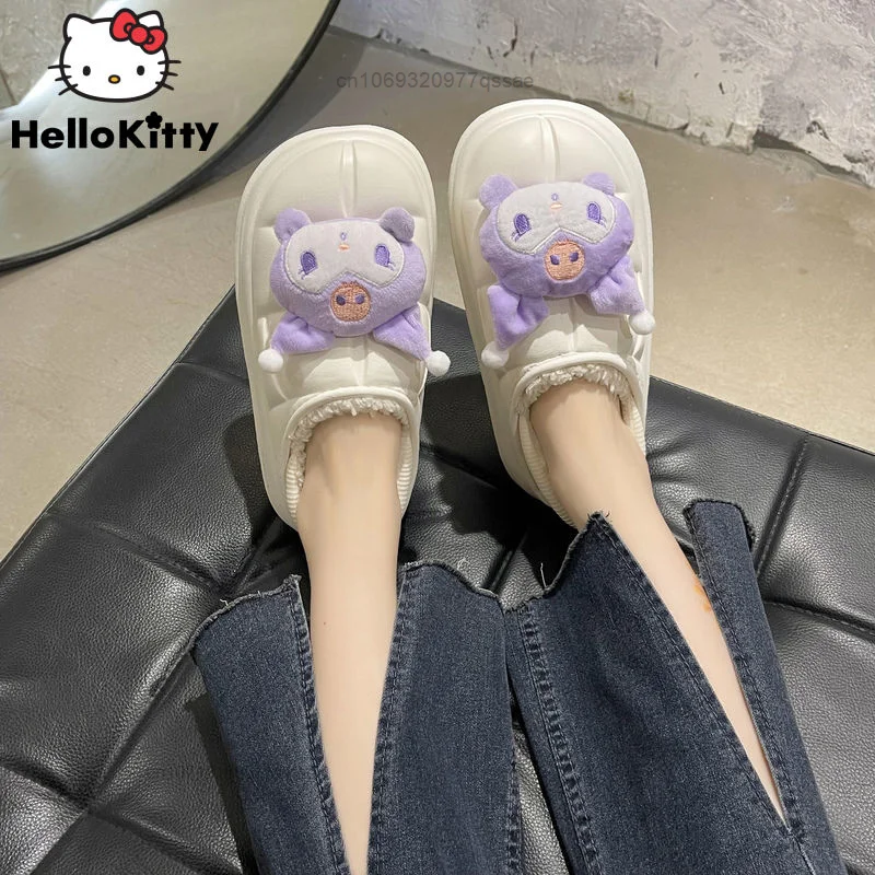 

Sanrio Kuromi Cinnamoroll My Melody Pom пурин кавайные повседневные Мультяшные мягкие хлопковые тапочки для женщин Зимняя плюшевая женская обувь