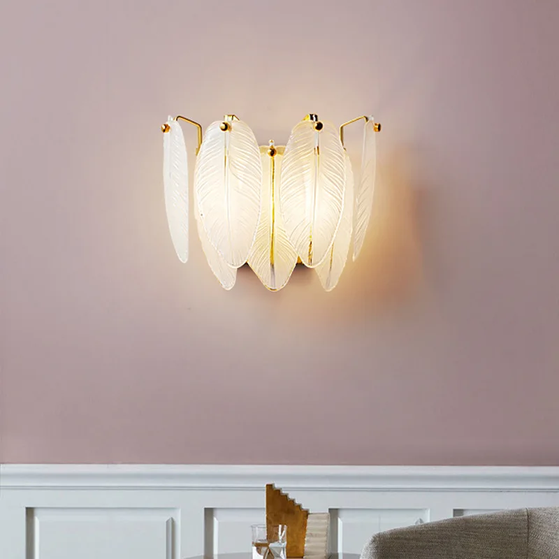 

Feather Glass Bedroom Bedside Lamp Italian Simple Living Room Background Wall Model Room Decorative Wall Lamp French Luxury