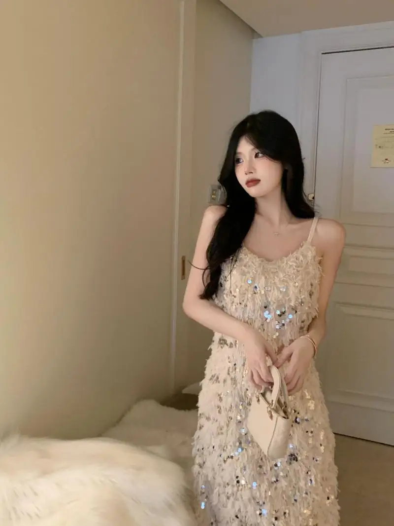 

Женская одежда, элегантная Однотонная юбка с блестками, трапециевидная юбка на бретелях-спагетти с V-образным вырезом, повседневное летнее платье с высокой талией, M446