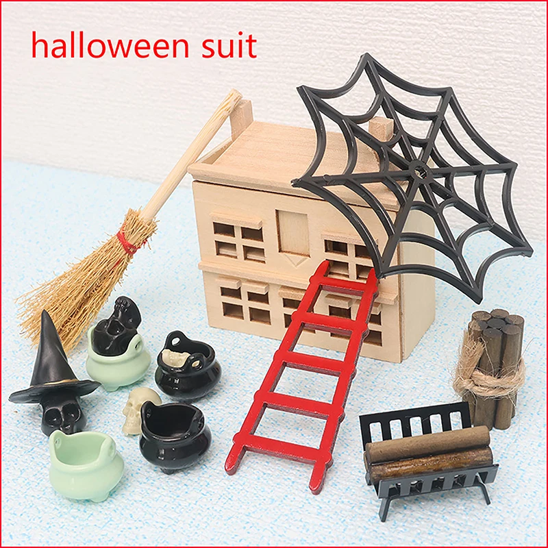 

1:12 Dollhouse Miniature Halloween Horror Toy Set Bat Skull Head Broom Spider Pumpkin Head Magic Book Ornament DIY Festival Deco