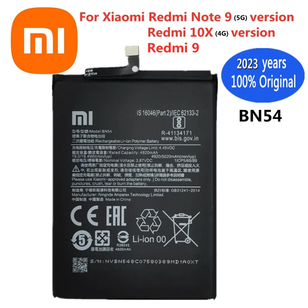 

2023 год, высокое качество, 100% оригинальный аккумулятор Xiao Mi BN54 для Xiaomi Redmi Note 9 5G Redmi 9 Redmi 10X, версия 4G, аккумулятор для телефона