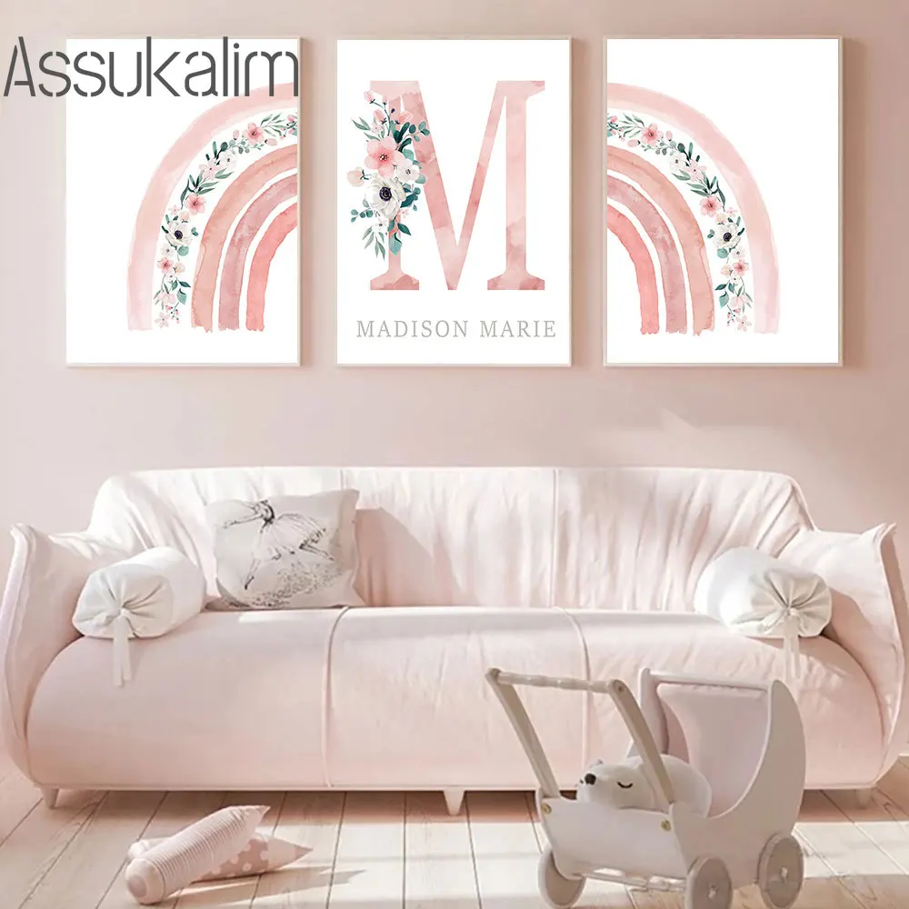 

Pink Custom Name Poster Flowers Wall Posters Rainbow Art Painting Nordic Wall Pictures Baby Room Poster Girls Room Decoration