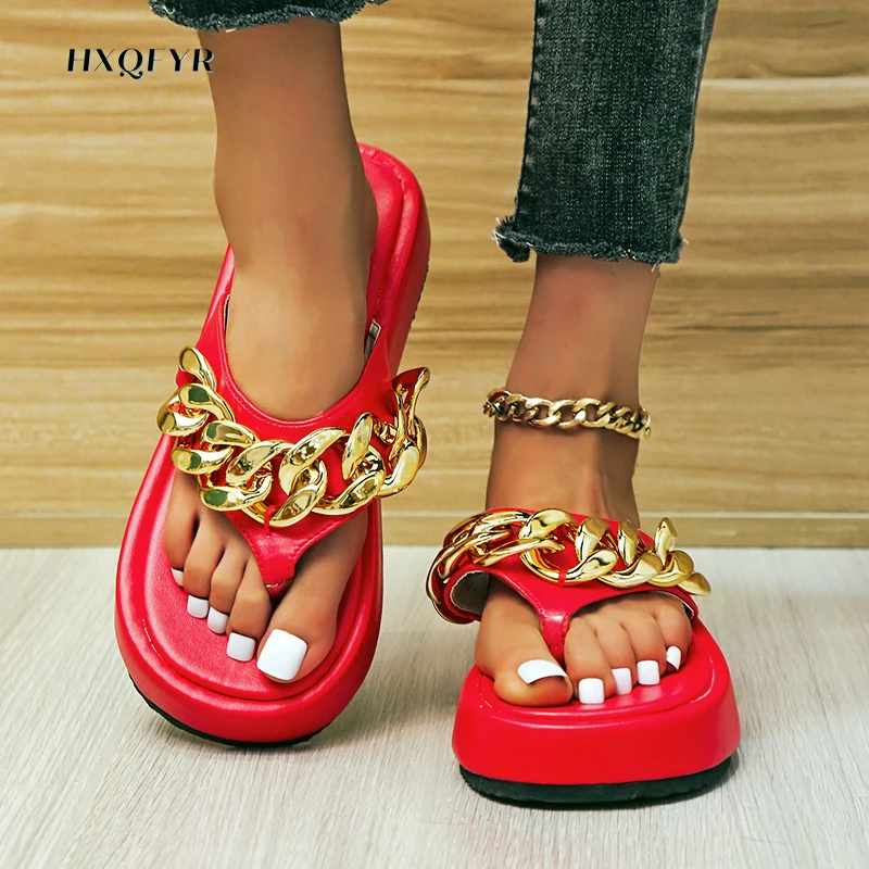 Женские сандалии на плоской подошве босоножки с золотистой цепочкой