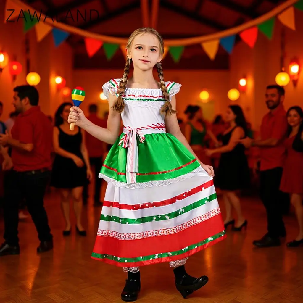 Фото Zawaland красочный мексиканский костюм для девочек, комплект Folklorico, танцевальное платье на Хэллоуин, мексиканское вечернее платье для косплея, наряд для выступления на сцене №1