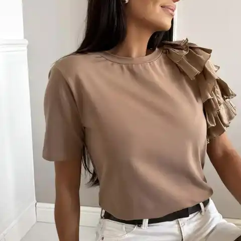 Women Blouse Solid Color Layered Ruffles Summer Crew Neck Pleats T-shirt Streetwear