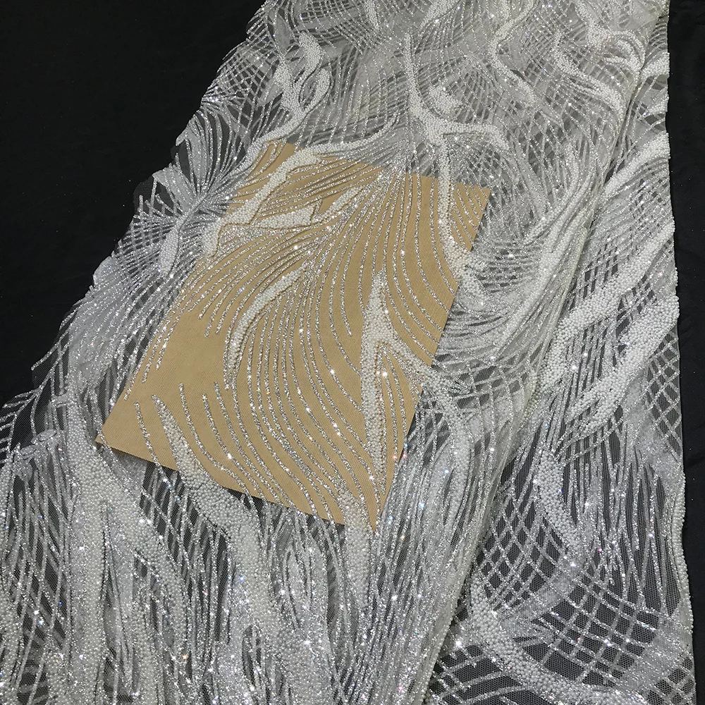 

Luxury Beads Glued on Mesh Shiny Glitter Lace Fabric Off White Wedding Dress Material for Sewing Women Evening Gown Textiles New