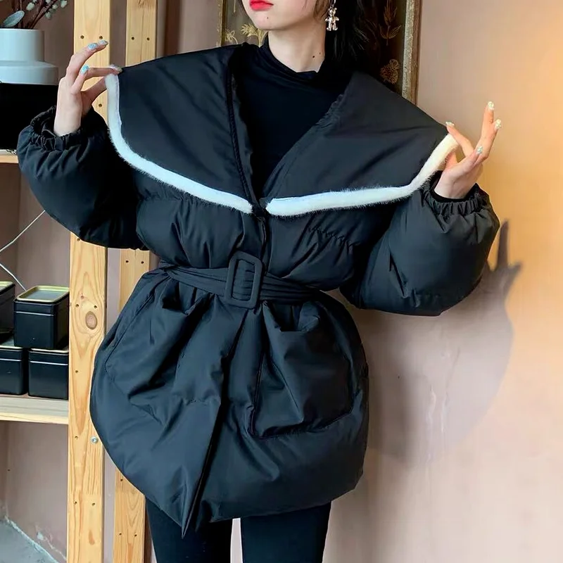 Winter Jacket Women Thick and Warm Korean Version of The Navy Collar Waist Mid-length Cotton Clothes Elegant Loose Coat Women