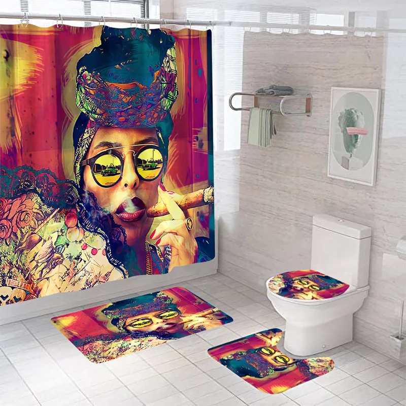 

Elegant Woman Print Shower Curtain Set Fashion Girl Polyester Bathroom Curtains Anti-Slip Bath Mats Carpets Rugs