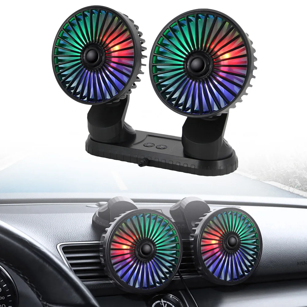 

USB Car Fan Cooling Fan Dual Head Air Fans Cooler Fan With LED Colour Light 3 Adjustable Wind Speed Levels Flexible Rotation