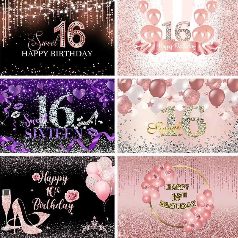 

Happy 16th Birthday Backdrops For Girls Birthday Coming-of-age Ceremony Photographic Studio Backgrounds Photocall Custom Pic