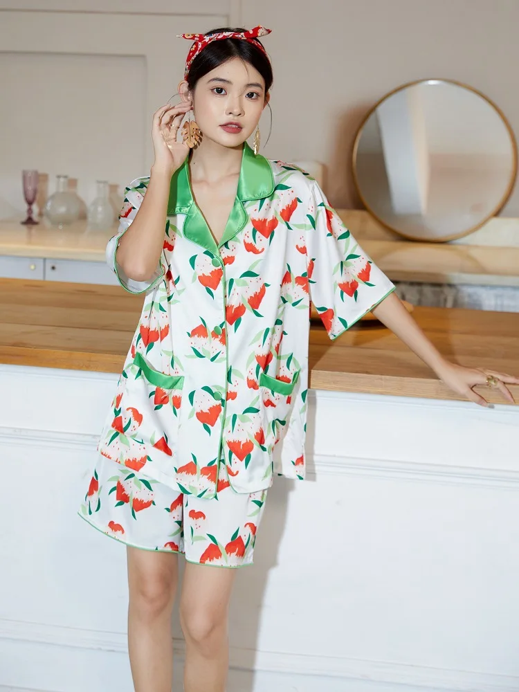 Summer Strawberry Manor High Sense Ice Silk Short Sleeve Ladies Pajamas пижама женская pajama set  سكسي نيك