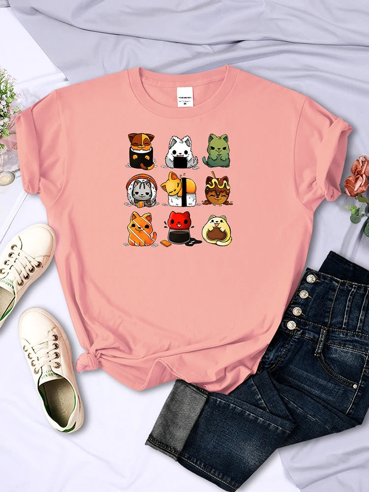 

Футболка женская с круглым вырезом, удобная свободная рубашка с принтом японских котят и мультяшных персонажей, Мягкий Топ с круглым вырезо...