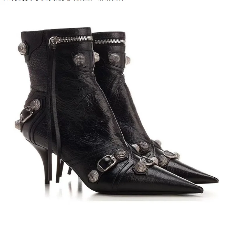 2023 Spring and Autumn Pointed Thin Heel Side Zipper Rivet Buckle Leather Boots Denim and Ankle Fabric Women's High Heel Boots
