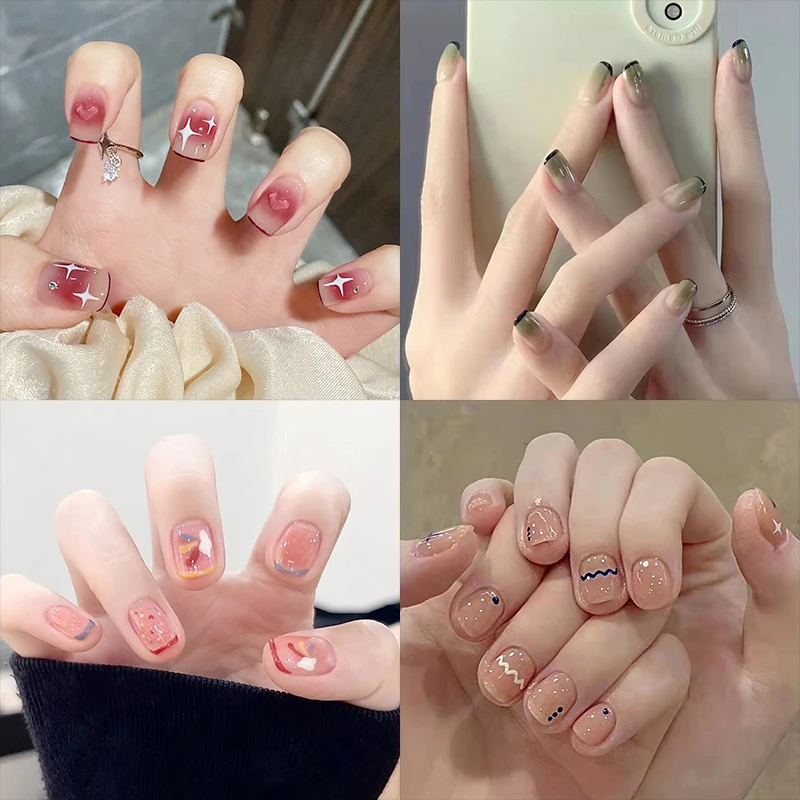 

24Pcs Pink Gradient Ballet False Nails Flower Star Design Short Square Coffin Fake Nails Press On Nail Wear Manicure Tip
