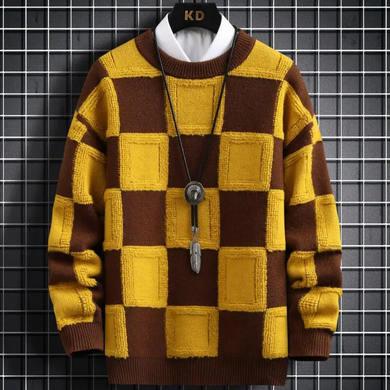 

Кашемировые мужские роскошные пуловеры, теплые мужские свитеры, новинка сезона осень-зима 2022, качественные толстые высокие корейские свитеры в клетку
