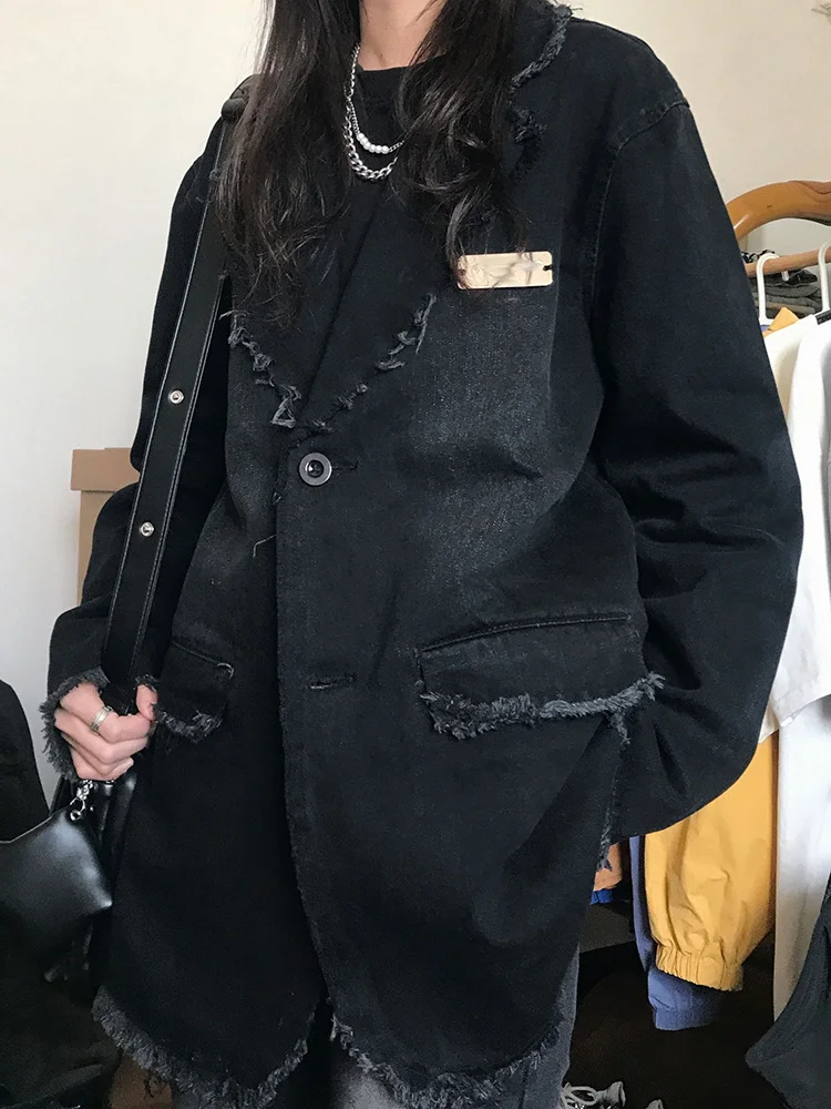 

Женская джинсовая куртка в Корейском стиле, винтажная свободная многофункциональная Потертая джинсовая куртка с потертостями, с потертостями, с вырезом на воротнике, весна 2023