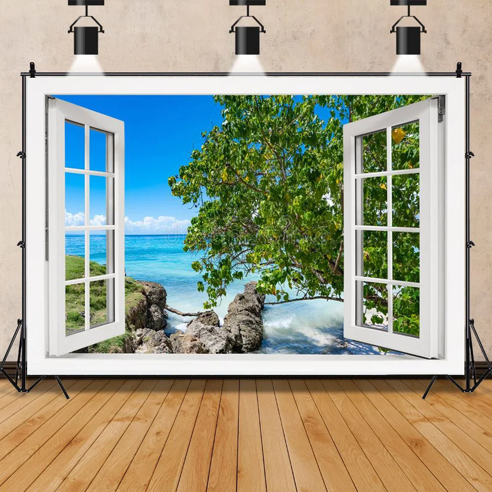 

Vinyl Custom Scenery Outside The Window Photography Backgrounds Props Seaside Tree Landscape Portrait Photo Backdrops CH-03